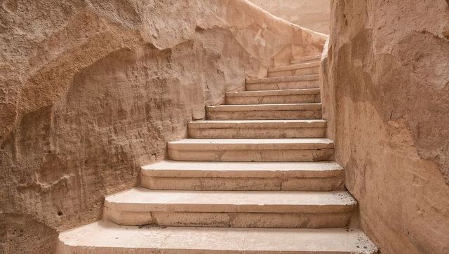 Winding sandstone stairway climbing through narrow canyon passage with weathered texture