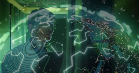 Innovative Scientist Studying Holographic Globe in High-Tech Laboratory