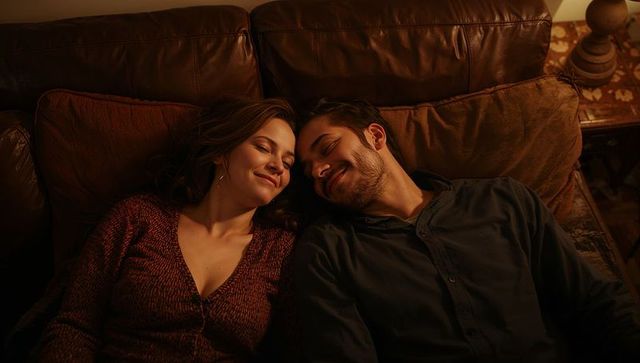 Couple cuddling on leather couch in warm ambient living room light