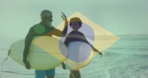 Surfers Greeting on Brazilian Beach with National Overlay