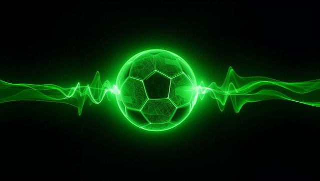 Neon green futuristic soccer ball with pulsing soundwave ribbons and wireframe glow effect