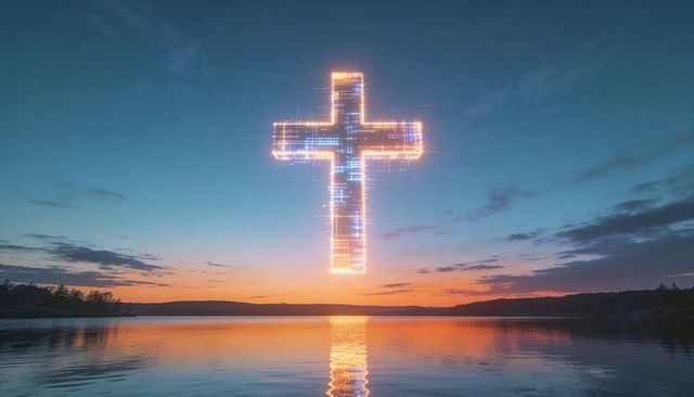 Glowing digital cross hovering over lake at sunset casting vertical luminous reflection