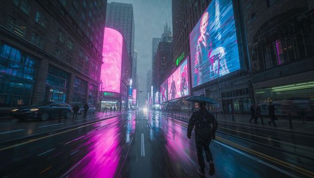 Vibrant neon night street in the rain