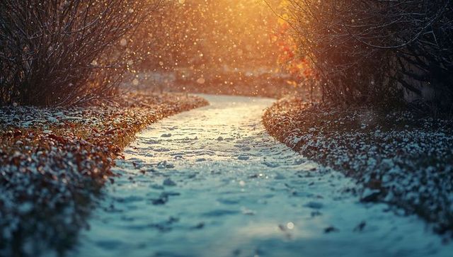 Serene Winter Pathway with Soft Snowfall and Golden Sunlight