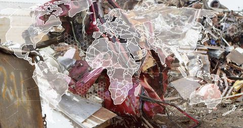 World Map Overlayed on Scrap Metal for Global Recycling - Download Free Stock Images Pikwizard.com