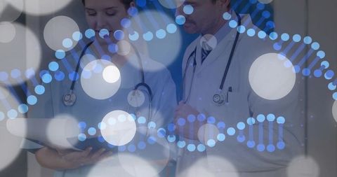 Medical Team Reviewing Genetic Data on Tablet with DNA Helix Overlay and Bokeh Lights