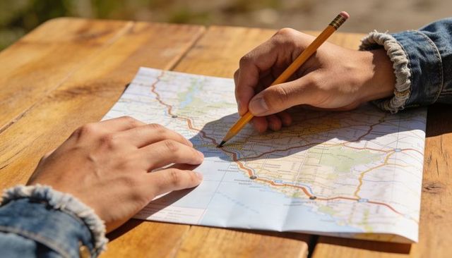 Hands Tracing Coastal Road on Map with Pencil and Denim Cuffs Planning Scenic Road Trip