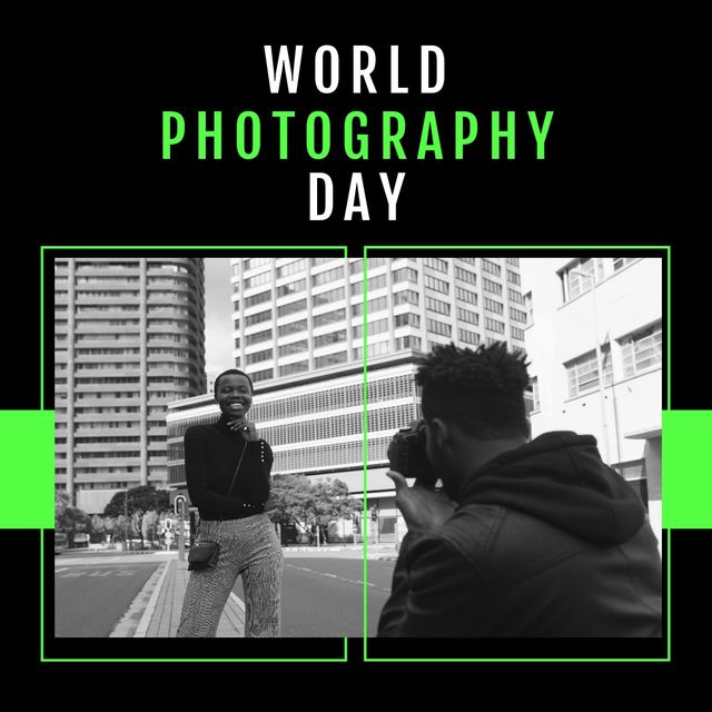 World photography day text against male photographer taking pictures of female model on the street. world photography day awareness concept