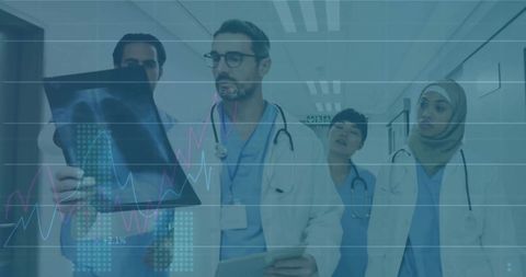 Diverse Medical Team Analyzing Data with Graphs Overlay