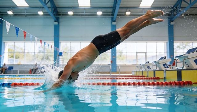 Male swimmer diving into indoor pool lane, plunging past starting blocks, splash action