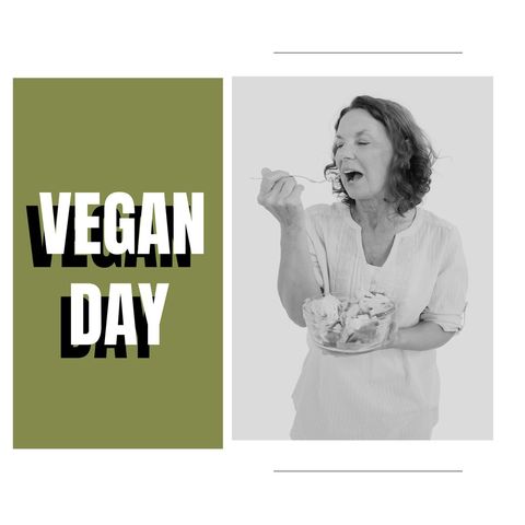 smiling woman enjoying vegan salad with text overlay - Download Free Stock Templates Pikwizard.com