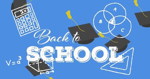 Back to school text with school supplies on blue background