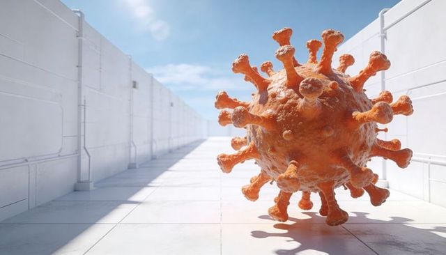 Giant orange virus-like sphere casting shadow in minimalist white corridor
