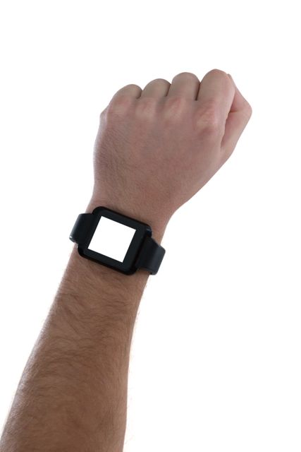 Close-up of man wearing smartwatch against white background