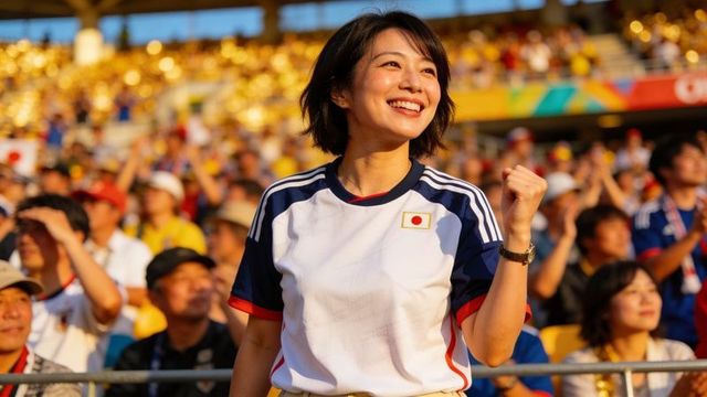Cheering japanese woman wearing japan jersey raising fist in sunny stadium celebrating