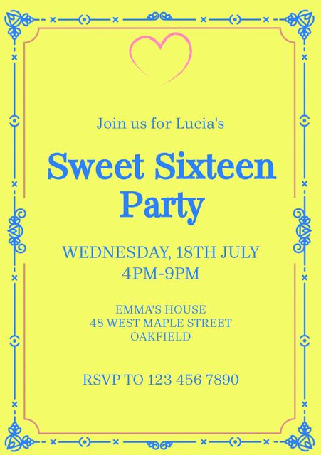 Vintage Sweet Sixteen Party Invitation in Bright Yellow with Heart Motif - Download Free Stock Videos Pikwizard.com