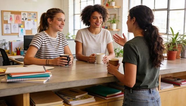 Colleagues chatting over coffee at creative studio counter in sunlit office