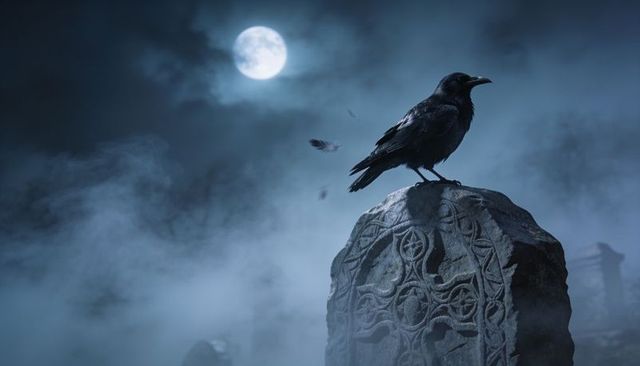 Moonlit raven perching on celtic gravestone in foggy cemetery under full moon glow