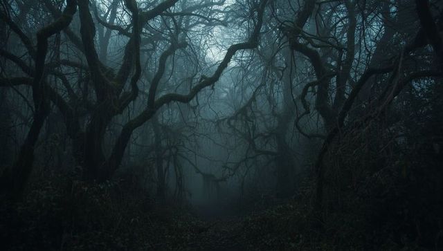 Mysterious Foggy Woods with Gnarled Trees Enveloped in Twilight
