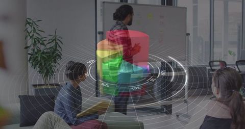 Diverse office team analyzing statistical data with advanced technology