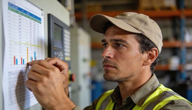 Male worker attaching production chart to control console in industrial workshop