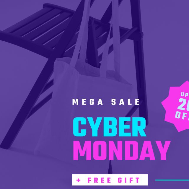 This banner is ideal for e-commerce businesses looking to promote their Cyber Monday deals. The vivid, bold text advertises discounts up to 60% and highlights an additional free gift offer, all over an image of a simple bag on a chair. Use this to catch the attention of potential customers during the Cyber Monday shopping spree.