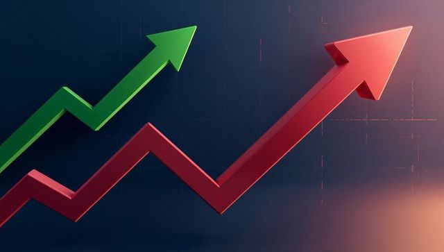 3D Red and Green Zigzag Arrows Trending Upward on Navy Grid Background for Finance