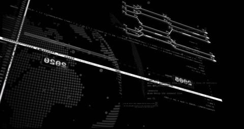 Monochrome futuristic hud showing dotted globe, bright scan line and circuit traces for tech use