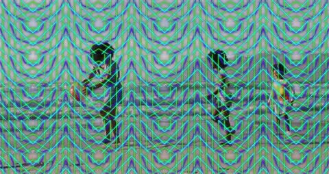 Digital Geometric Overlay on Beach Scene with Two People