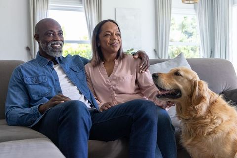 Diverse mature couple cuddling on couch with golden retriever in bright cozy living room