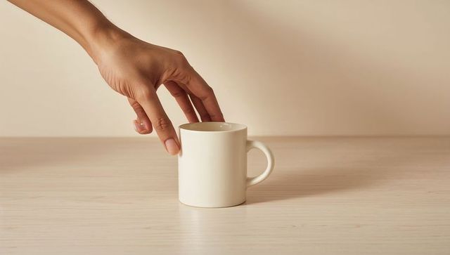 Hand Reaching for White Ceramic Mug on Wooden Table