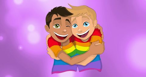 Cheerful Cartoon Gay Couple Embracing on Purple Background