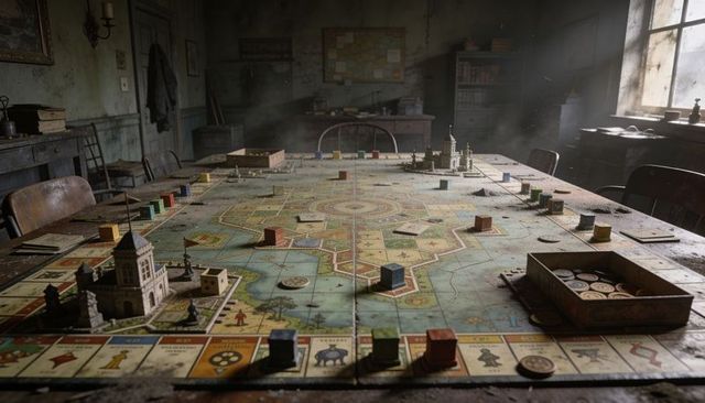 Dusty vintage tabletop strategy game with cathedral miniature, weathered map and tokens