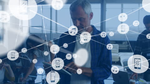 Business Professional Networking on Tablet with Icon Overlays