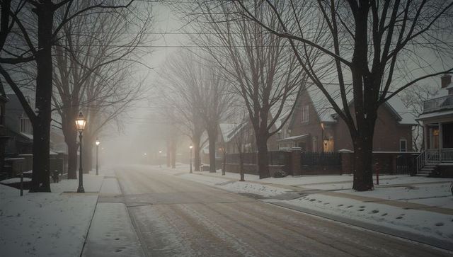 Foggy winter street with glowing lamps casting warm light across snowy neighborhood