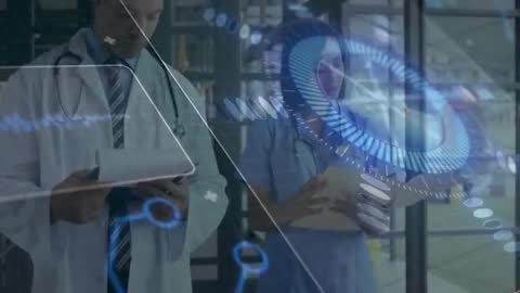 Doctors Analyzing Digital Medical Data in High-Tech Environment