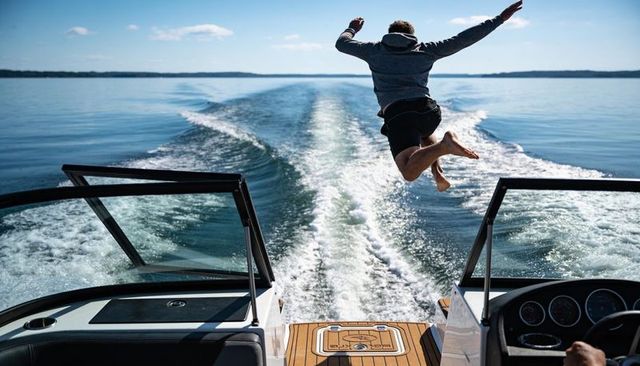 Man leaping from boat stern into wake over calm lake with swim platform on sunny day