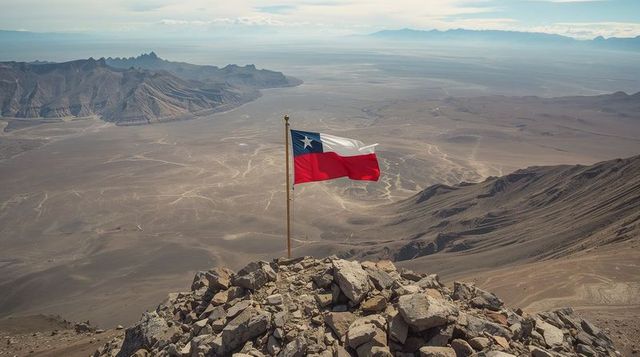 Chilean flag waving atop rocky summit overlooking expansive desert valley and ridgelines