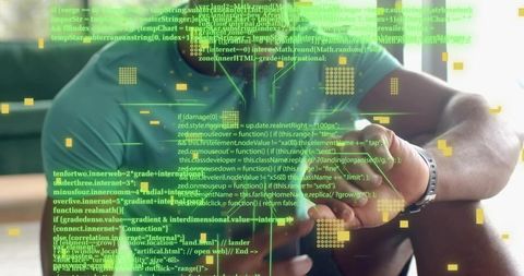 Man Tapping Tablet with Stylus and Holographic Green Code Overlay for Remote Tech Work