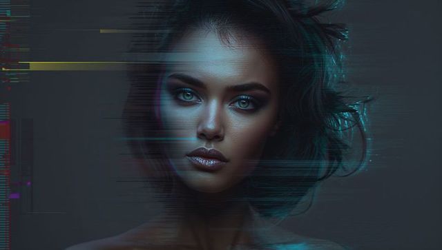 Futuristic Woman with Glitch Distortion and Neon Glow