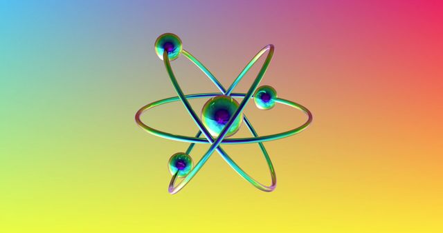 Colorful 3D rendering of an atom model over a vividly bright, gradient background. The image is ideal for illustrating concepts related to science, technology, research, chemistry, physics, and education. This illustration works well in presentations, educational materials, websites, or digital media focusing on science topics.