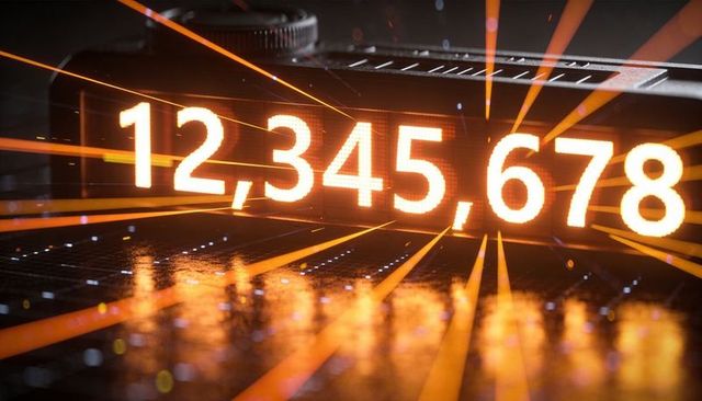 Glowing numeric display showing 12,345,678 reflecting on circuit board with heat sink