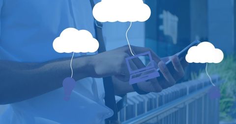 Man Using Smartphone with Cloud Computing Graphics Overlay - Download Free Stock Images Pikwizard.com