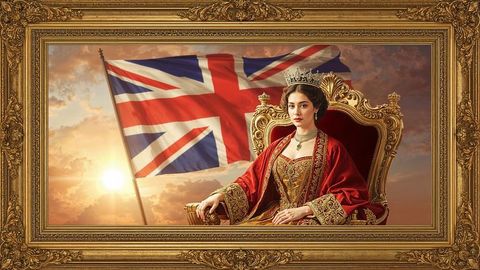 Elegant british empire queen in royal robes with union jack background
