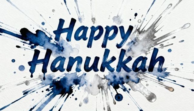 Happy hanukkah handlettered brush script with blue and silver watercolor splashes