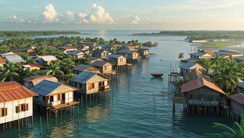 Tropical stilt houses over bay of bengal gentle coastal waters at sunset