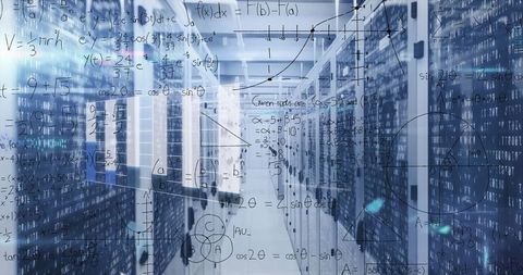 Data center corridor with mathematical and binary overlays