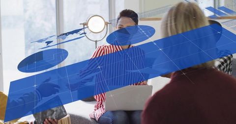 Modern workplace brainstorming with technology overlay