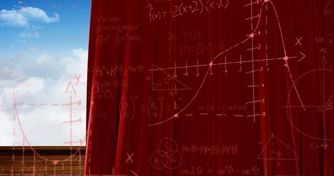 Mathematical equations on red curtain with cloudy sky