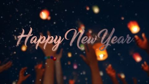 Glittering Happy New Year Script Over Crowd Releasing Sky Lanterns at Night Celebration